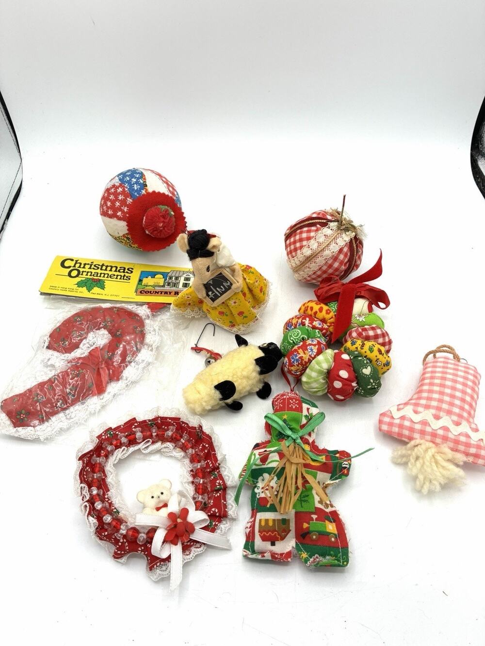 Vintage Folk Art Christmas Ornaments Lot Cloth Mouse Sheep Wreath Country
